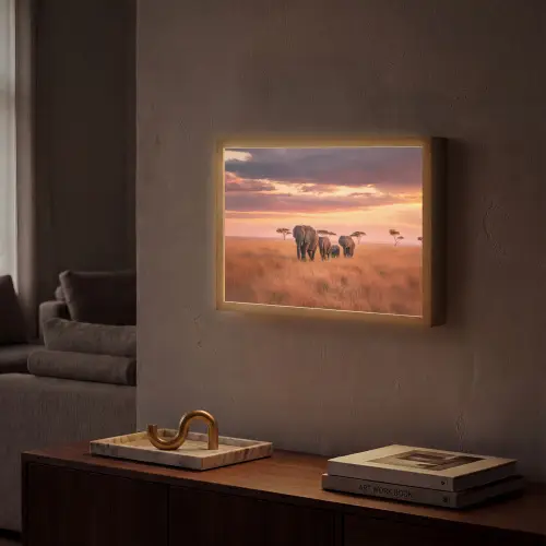 Groep olifanten - Open vlakte - Zon Light Box met batterij (Wandlamp) middel -sfeer1