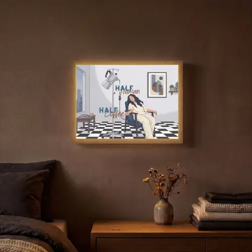 Half human, Half Coffee - Infuus - Koffie Light Box met batterij (Wandlamp) middel -sfeer4