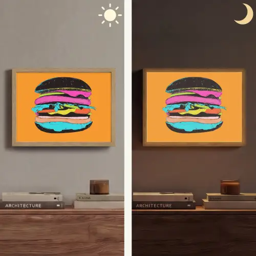 Hamburger - Kleurrijk - Speels Light Box met batterij (Wandlamp) middel -sfeer3