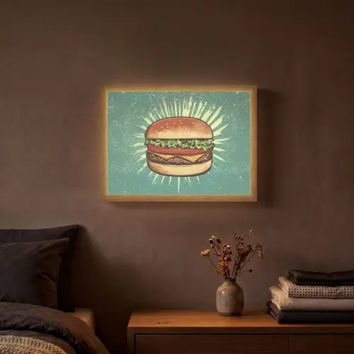 Hamburger - Illustratie - Sla - Kaas Light Box met batterij (Wandlamp) middel -sfeer4
