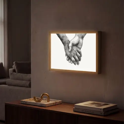 Handen - Zwart wit - Modern - Kunst Light Box met batterij (Wandlamp) middel -sfeer1