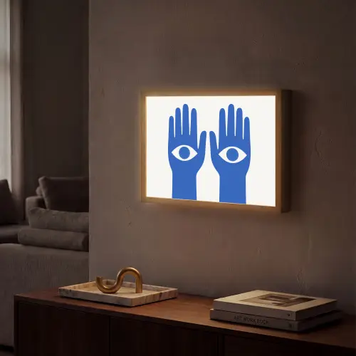 Handen - Twee - Ogen - Blauw Light Box met batterij (Wandlamp) middel -sfeer1
