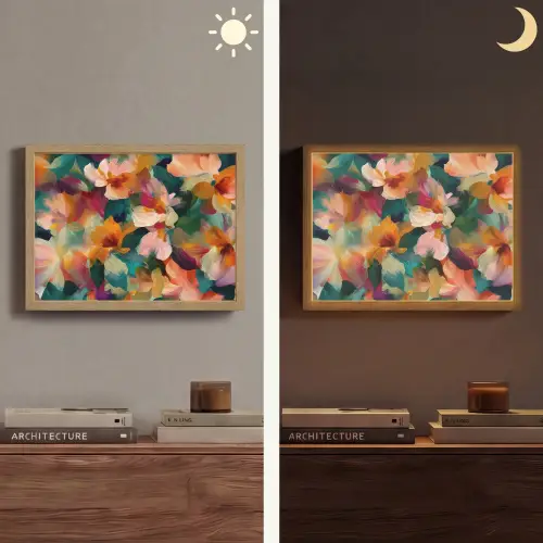 Harmonieus - Abstracte bloemen - Warme tinten Light Box met batterij (Wandlamp) middel -sfeer3