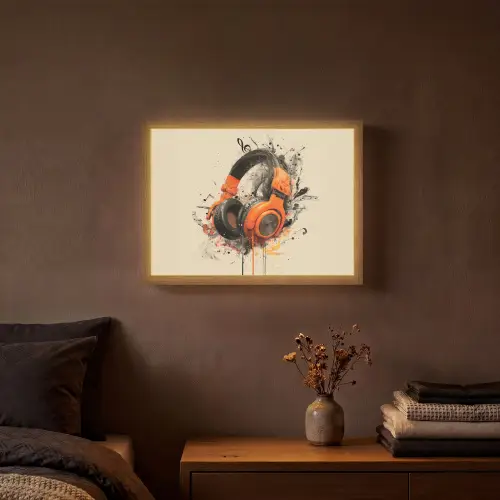 Koptelefoon - Oranje - Explosief Light Box met batterij (Wandlamp) middel -sfeer4