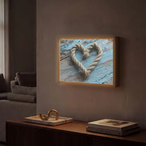 Hart - Touw - Hout - Rustiek Light Box met batterij (Wandlamp) middel -sfeer1