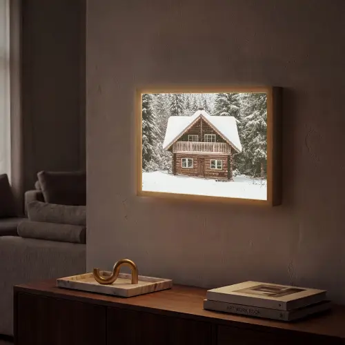 Huis - Bos - Winter - Natuur - Sneeuw Light Box met batterij (Wandlamp) middel -sfeer1