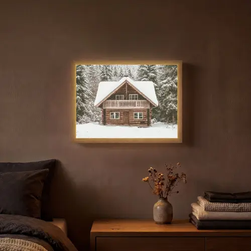 Huis - Bos - Winter - Natuur - Sneeuw Light Box met batterij (Wandlamp) middel -sfeer4