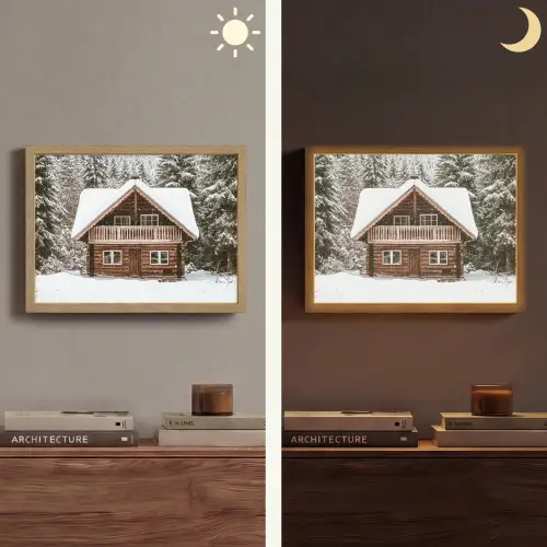 Huis - Bos - Winter - Natuur - Sneeuw Light Box met batterij (Wandlamp) middel -sfeer3