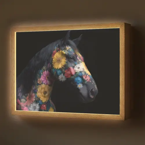 Paard - Bloemen - Zwart Light Box met batterij (Wandlamp) middel -z3d_website