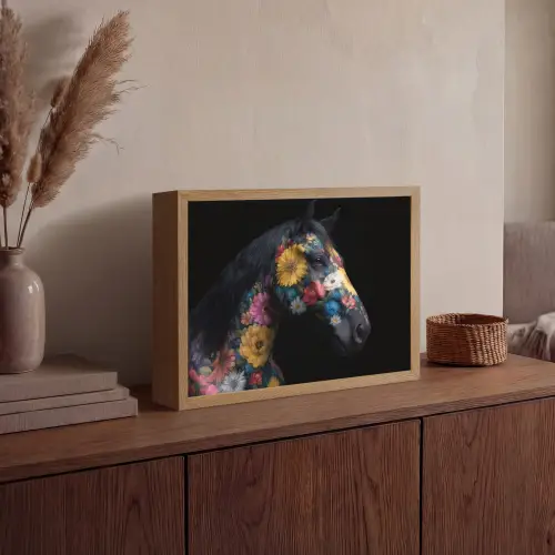 Paard - Bloemen - Zwart Light Box met batterij (Wandlamp) middel -sfeer2