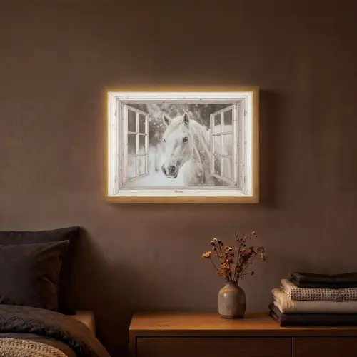Paard - Wit - Winter - Sneeuw - Doorkijk - Dieren Light Box met batterij (Wandlamp) middel -sfeer4