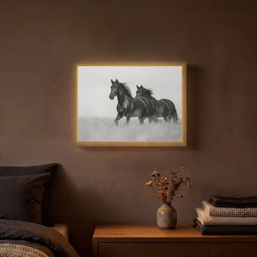 Paarden - Gras - Zwart - Wit Light Box met batterij (Wandlamp) middel -sfeer4
