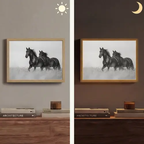 Paarden - Gras - Zwart - Wit Light Box met batterij (Wandlamp) middel -sfeer3