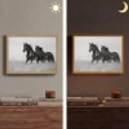 Paarden - Gras - Zwart - Wit Light Box met batterij (Wandlamp) middel -sfeer3
