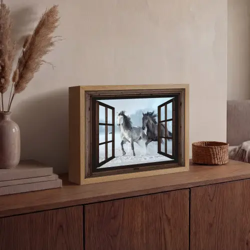Paarden - Winter - Dieren - Natuur - Doorkijk Light Box met batterij (Wandlamp) middel -sfeer2