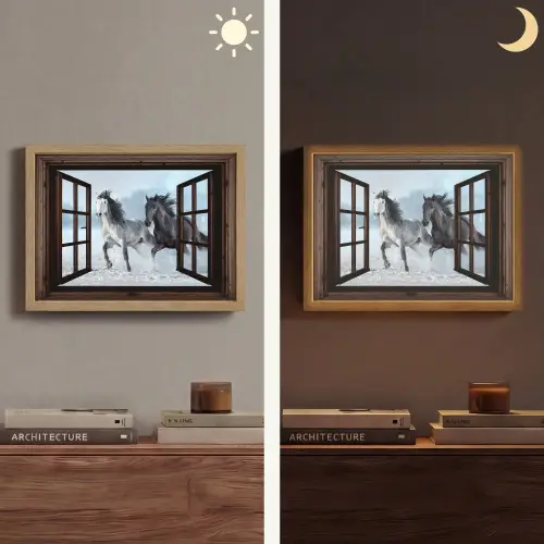 Paarden - Winter - Dieren - Natuur - Doorkijk Light Box met batterij (Wandlamp) middel -sfeer3