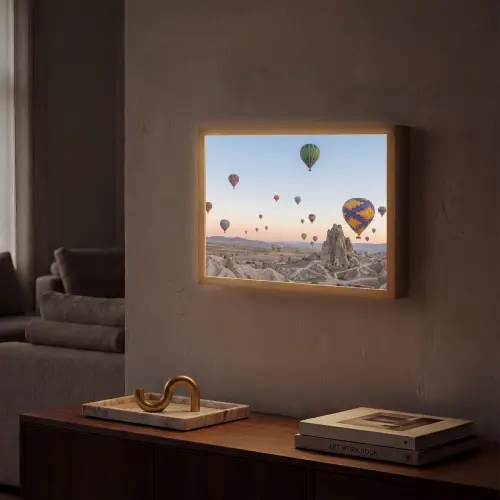 Luchtballonnen - Rotsen - Zonsopgang Light Box met batterij (Wandlamp) middel -sfeer1