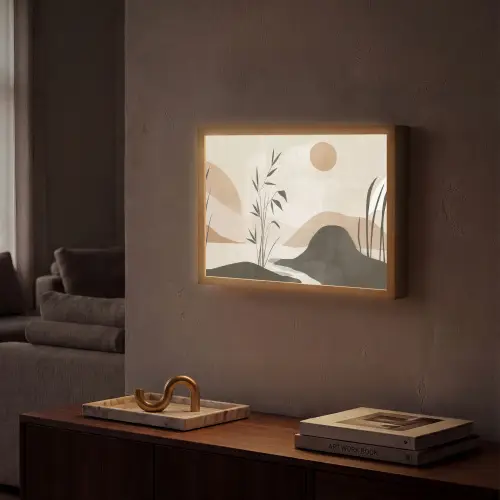 Japandi - Landschap - Beige Light Box met batterij (Wandlamp) middel -sfeer1