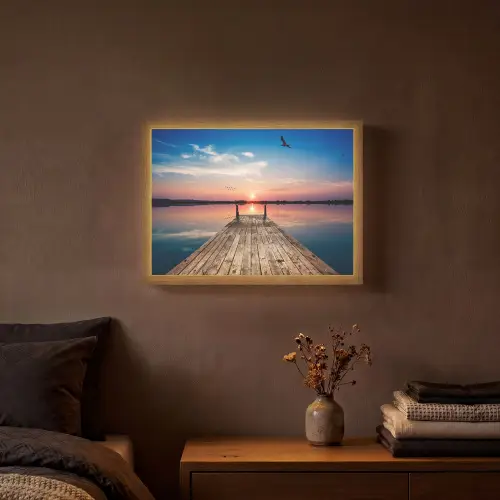Steiger - Water - Zonsondergang - Roze - Horizon Light Box met batterij (Wandlamp) middel -sfeer4