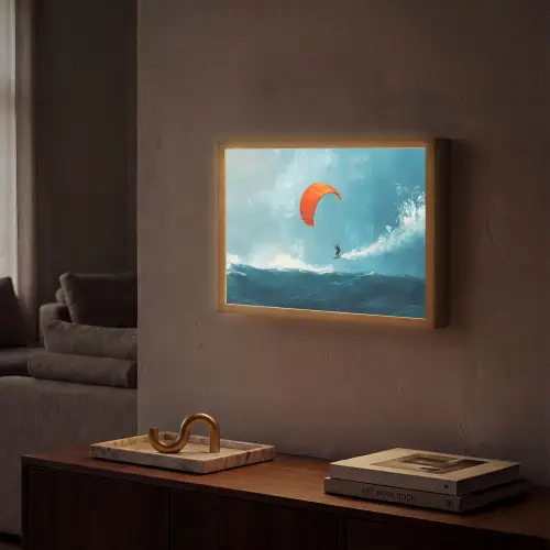 Kitesurfer - Oranje - Zee - Lucht Light Box met batterij (Wandlamp) middel -sfeer1