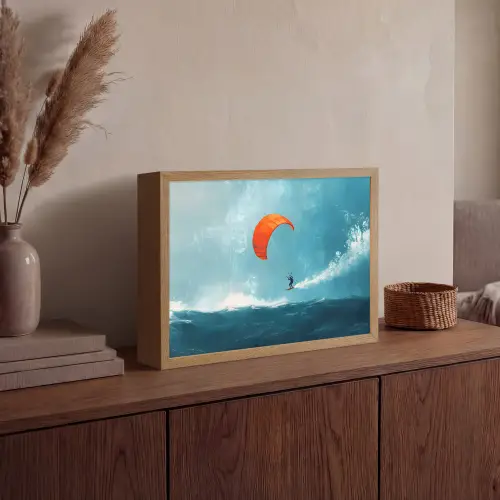Kitesurfer - Oranje - Zee - Lucht Light Box met batterij (Wandlamp) middel -sfeer2