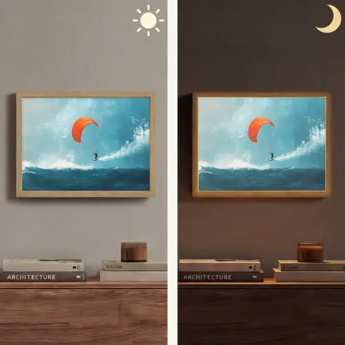 Kitesurfer - Oranje - Zee - Lucht Light Box met batterij (Wandlamp) middel -sfeer3