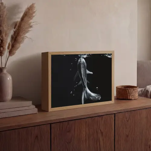 Koi - Vissen - Water - Zwart Light Box met batterij (Wandlamp) middel -sfeer2