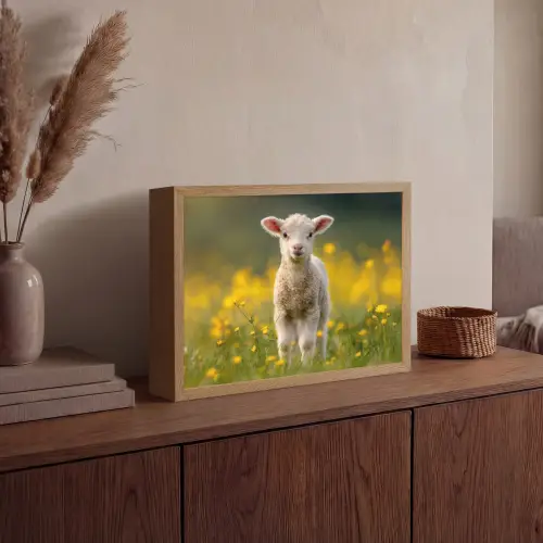 Lammetje - Gras - Bloemen - Geel Light Box met batterij (Wandlamp) middel -sfeer2