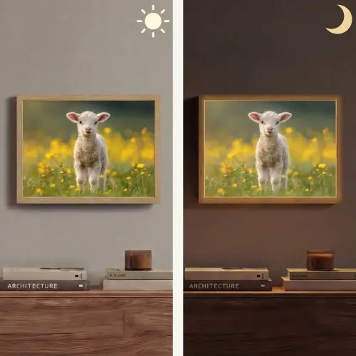 Lammetje - Gras - Bloemen - Geel Light Box met batterij (Wandlamp) middel -sfeer3