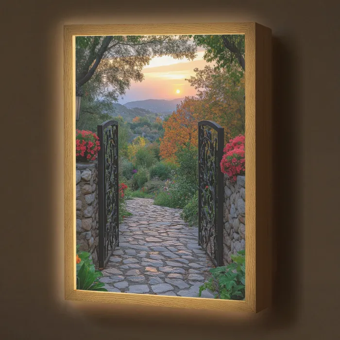 Landschap - Hek - Pad - Zonsondergang - Natuur Light Box met batterij (Wandlamp) middel -z3d_website