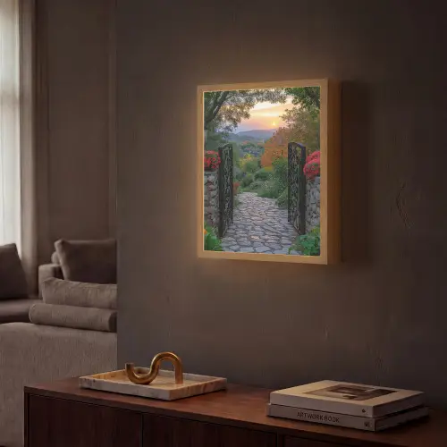 Landschap - Hek - Pad - Zonsondergang - Natuur Light Box met batterij (Wandlamp) middel -sfeer1