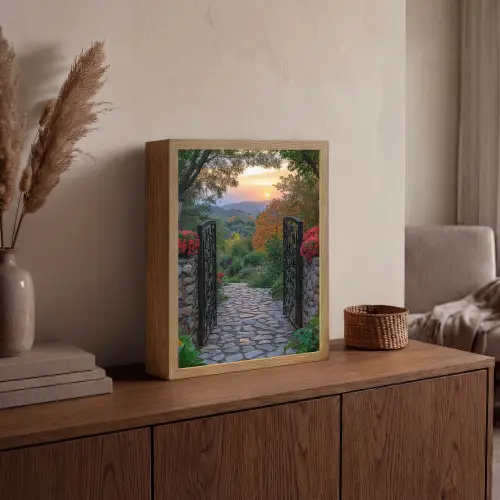 Landschap - Hek - Pad - Zonsondergang - Natuur Light Box met batterij (Wandlamp) middel -sfeer2