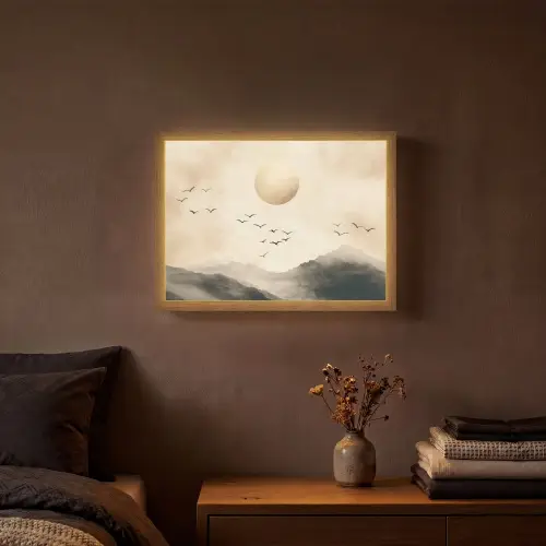 Landschap - Japandi - vogel Light Box met batterij (Wandlamp) middel -sfeer4