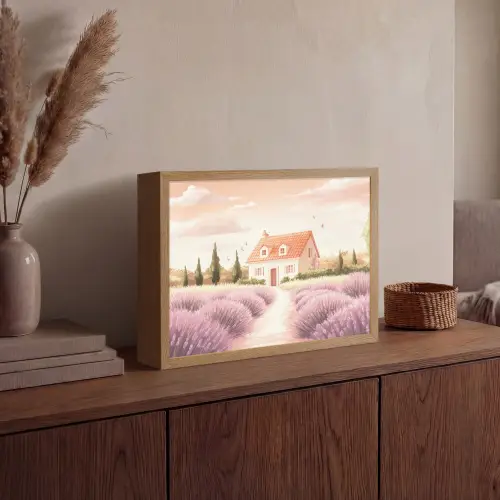 Lavendelveld - Huis - Paars Light Box met batterij (Wandlamp) middel -sfeer2