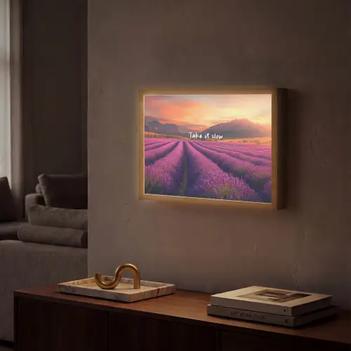 Lavendelveld - Quote - Zonsondergang Light Box met batterij (Wandlamp) middel -sfeer1