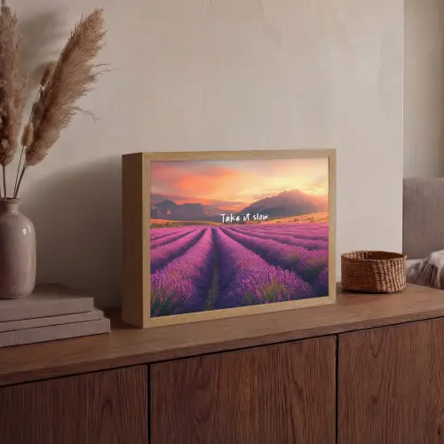 Lavendelveld - Quote - Zonsondergang Light Box met batterij (Wandlamp) middel -sfeer2