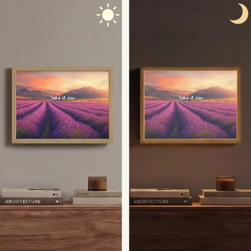 Lavendelveld - Quote - Zonsondergang Light Box met batterij (Wandlamp) middel -sfeer3