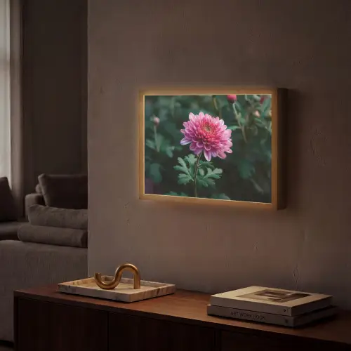 Blad - Chrysant - Roze - Schaduw Light Box met batterij (Wandlamp) middel -sfeer1