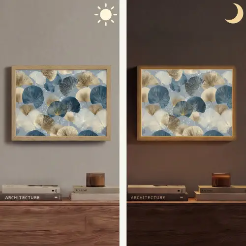 Bladeren - Abstract - Goud - Blauw Light Box met batterij (Wandlamp) middel -sfeer3