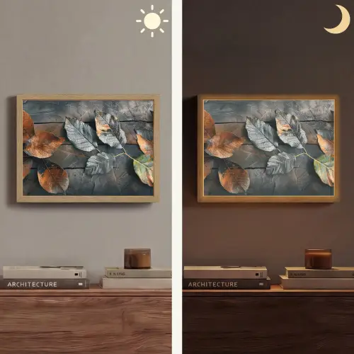 Bladeren - Herfst - Grijs - Natuur Light Box met batterij (Wandlamp) middel -sfeer3