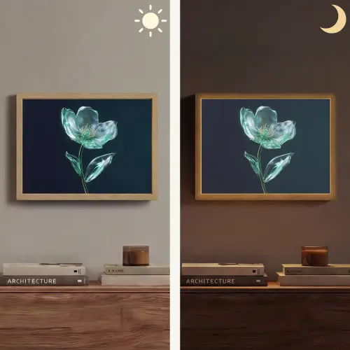 Bladeren - Bloem - Glazen - Donkerblauw Light Box met batterij (Wandlamp) middel -sfeer3