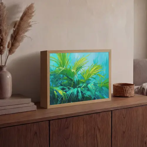 Bladeren - Groen - Schilderij - Abstract Light Box met batterij (Wandlamp) middel -sfeer2