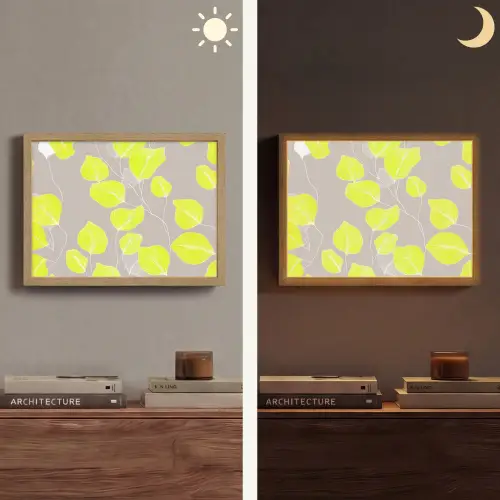 Bladeren - Neon - Geel - Lijnen Light Box met batterij (Wandlamp) middel -sfeer3