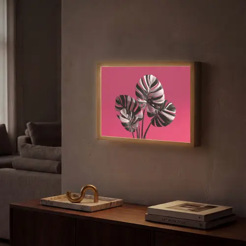 Bladeren - Rond - Roze Light Box met batterij (Wandlamp) middel -sfeer1