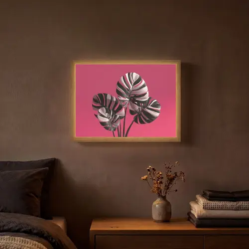 Bladeren - Rond - Roze Light Box met batterij (Wandlamp) middel -sfeer4