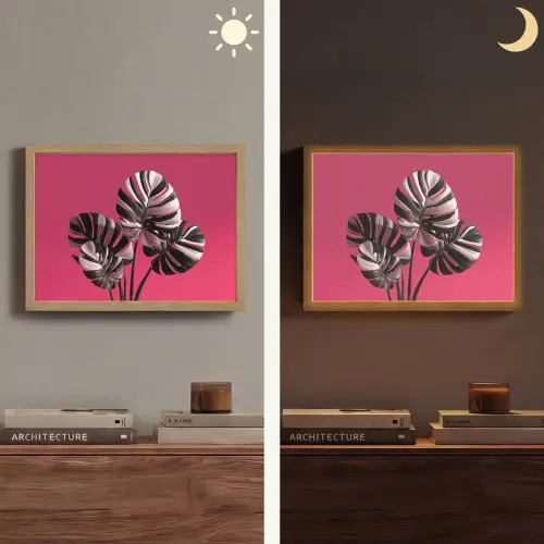 Bladeren - Rond - Roze Light Box met batterij (Wandlamp) middel -sfeer3