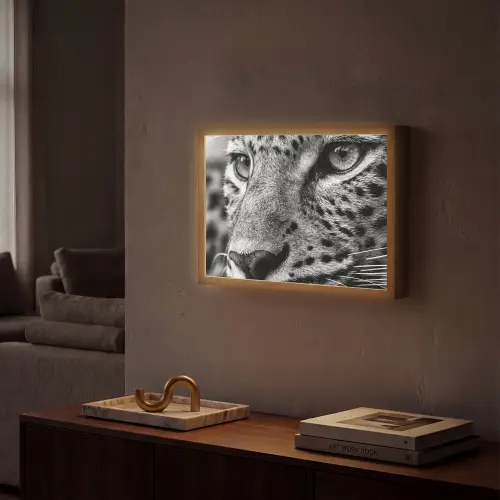 Luipaard - Zwart - Wit - Oog Light Box met batterij (Wandlamp) middel -sfeer1
