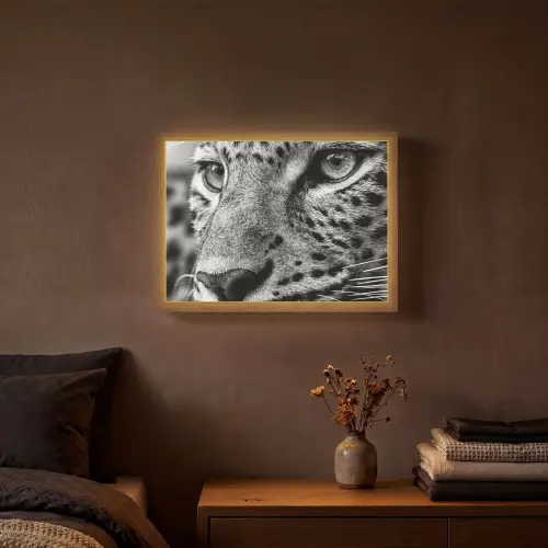 Luipaard - Zwart - Wit - Oog Light Box met batterij (Wandlamp) middel -sfeer4