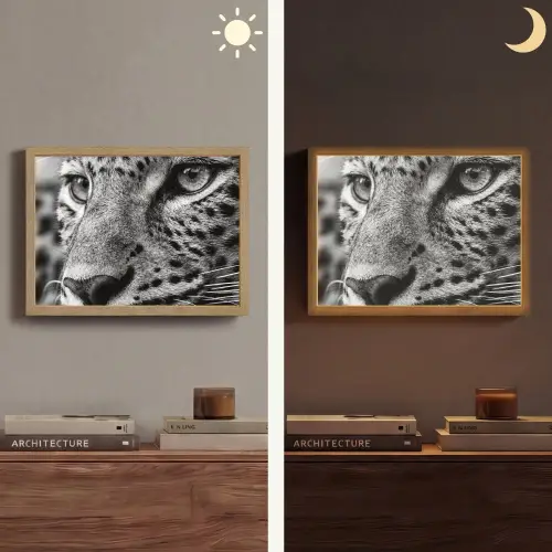 Luipaard - Zwart - Wit - Oog Light Box met batterij (Wandlamp) middel -sfeer3