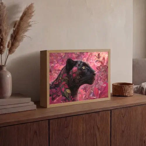 Luipaard - Bloemen - Roze Light Box met batterij (Wandlamp) middel -sfeer2